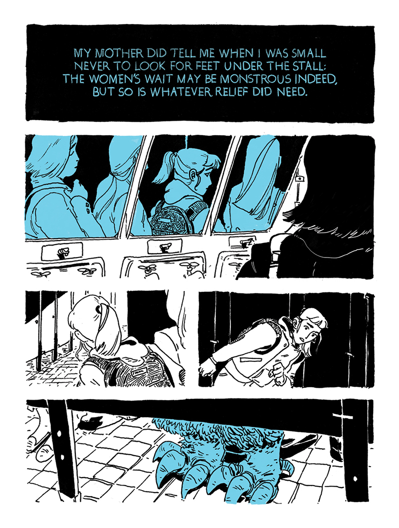 The Sun and the Wayward Wind interiors by Celia Lowenthal - comic panels where woman sees a monster hiding in a public restroom