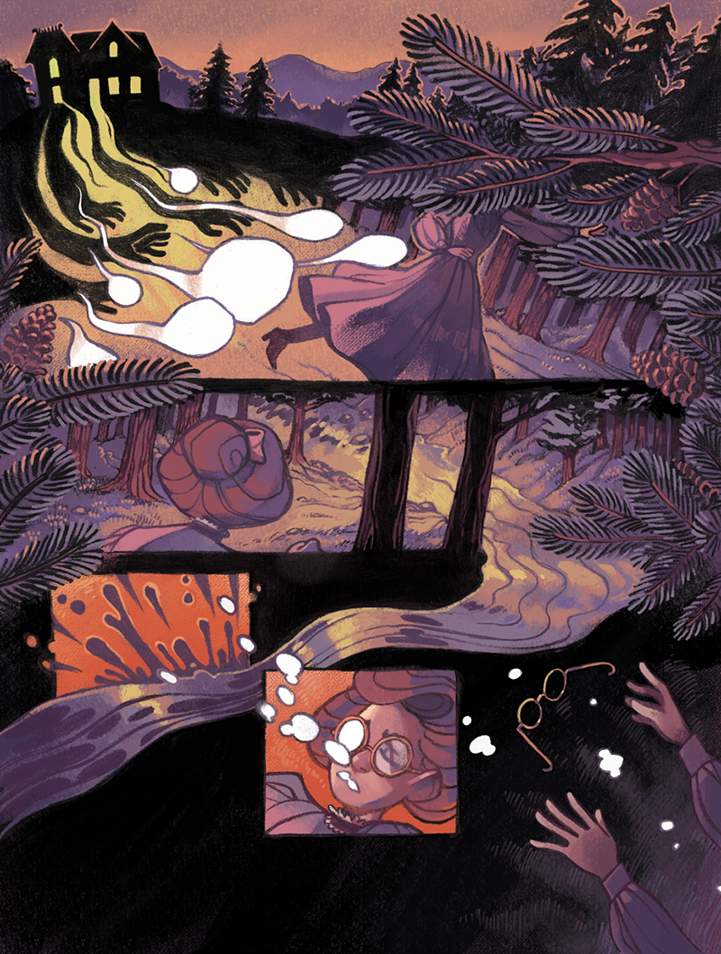 The Sun and the Wayward Wind interior art by Megan Kelchner - comic panels with woman running into a forest at sunset or sunrise