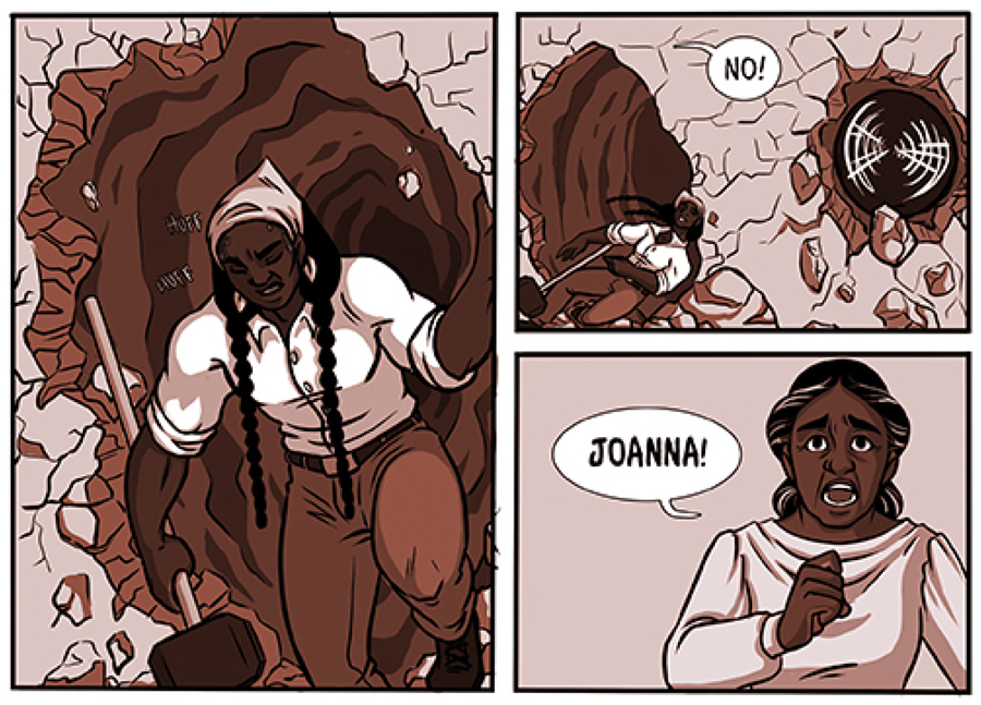 The Sun and the Wayward Wind comics panels by Jasmine Wells - Joanna Henry emerging from a wall as her mother watches with concern.
