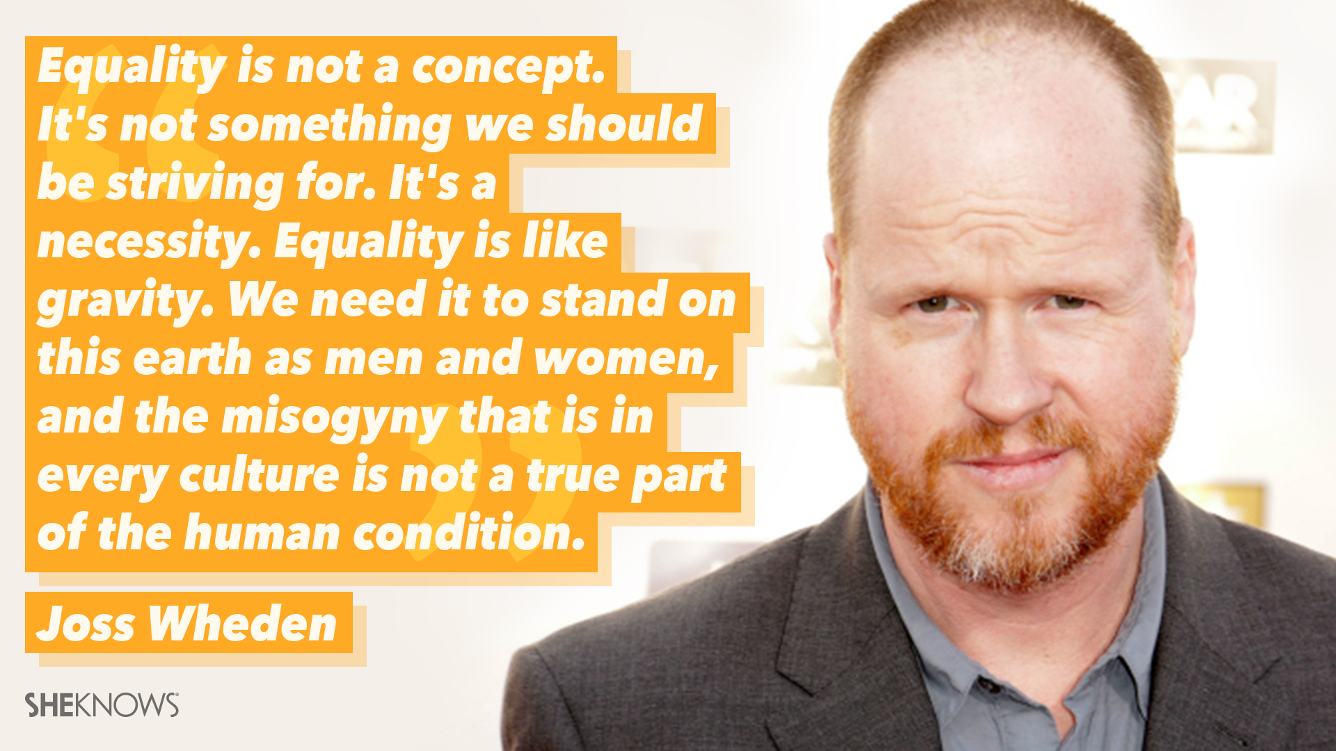 stop me if this starts to sound familiar -- "equality is like gravity. we need it to stand on this earth as men and women, and the misogyny that is in every culture is not a true part of the human condition." -- Joss Whedon