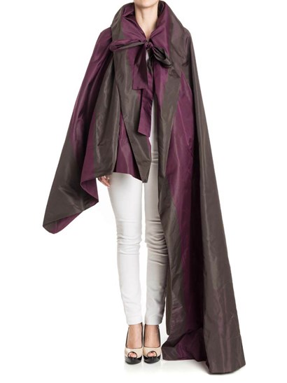 Turn Up the Heat on Your Winter Wardrobe -- look at this purple/gray striped asymmetrical cape! why does this exist???