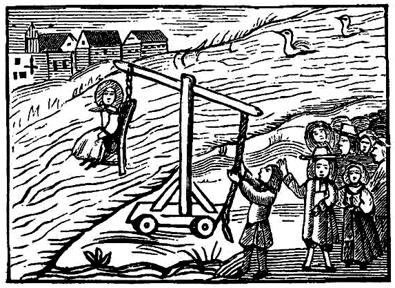 Medieval Woodcuts For Every Occasion crowd lowering a nonplussed witch into a lake