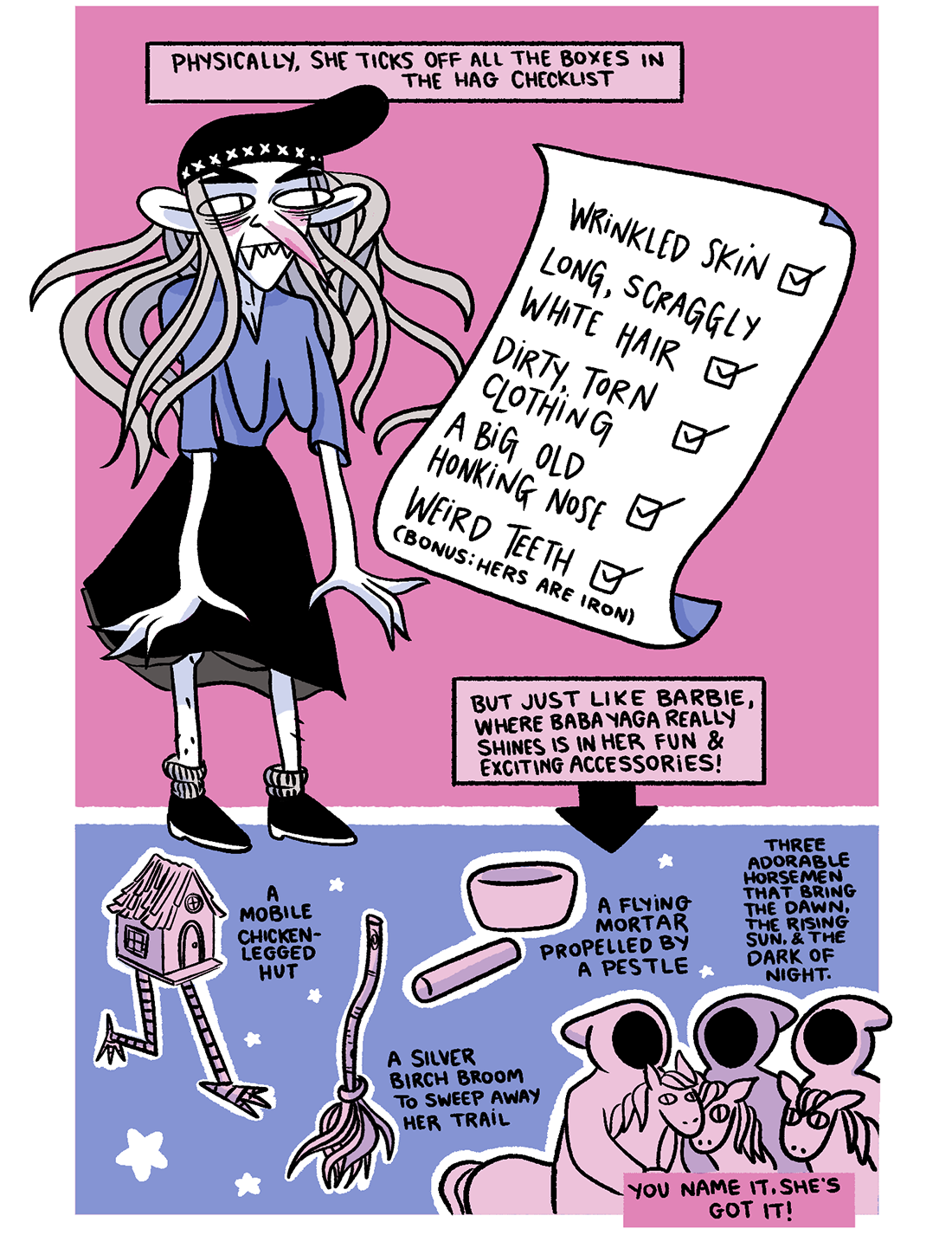 monstrous advice: baba yaga page 2: Jess teaches us all about Baba Yaga: her look! her chicken-legged hut! her adorable little henchmen!