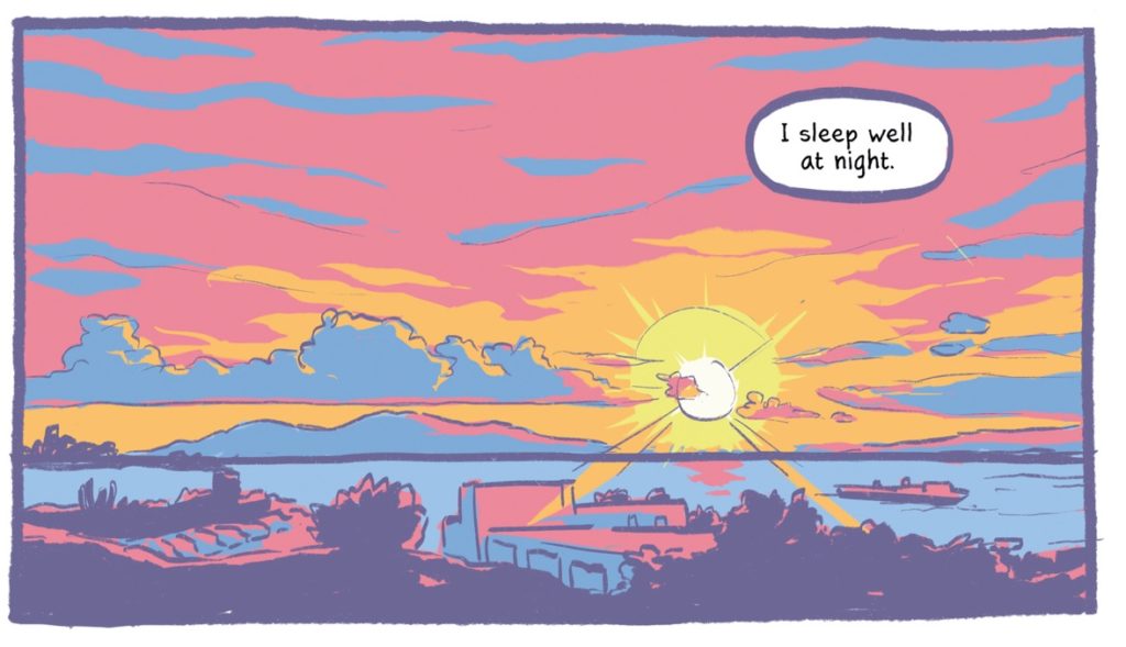 One comic panel showing a sunset over Guantanamo Bay, with a speech bubble: "I sleep well at night."