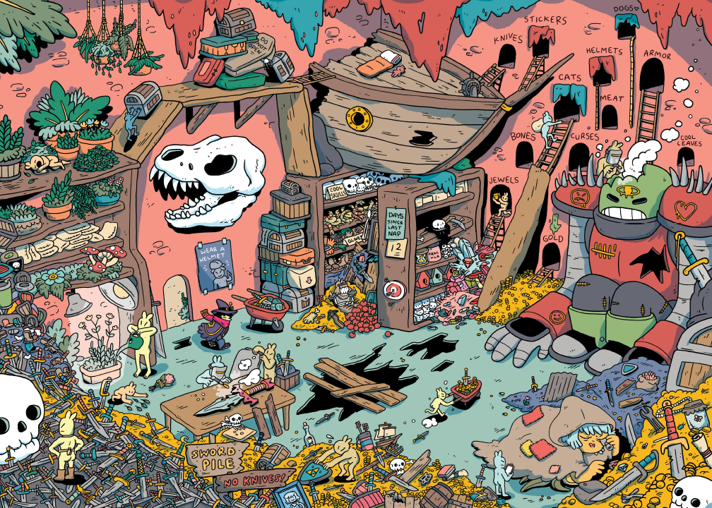 A full spread from The Wizerd - The Wizerd enters a crowded shop dense with plants, swords, busted machines, the front half of a ship, and more.