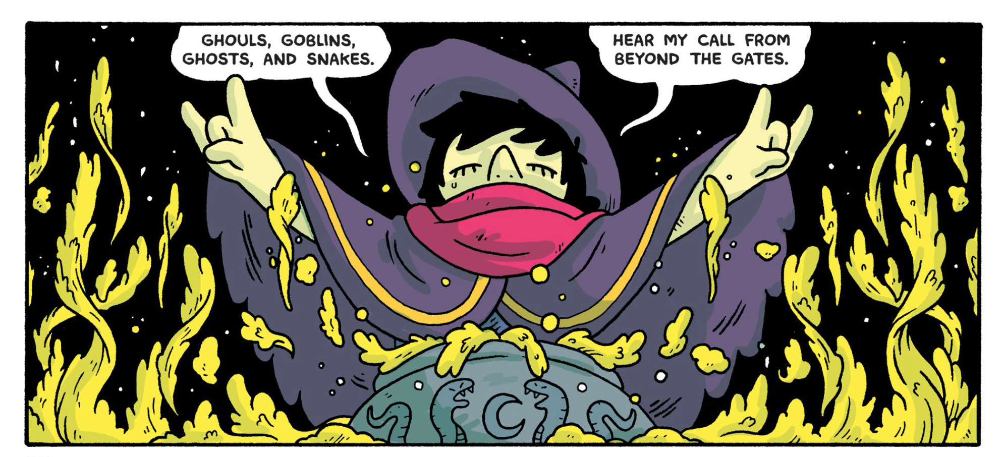 The wizerd throws the horns above a bubbling, boiling cauldron, saying "Ghouls, goblins, ghosts and snakes. Hear my call from beyond the gates."