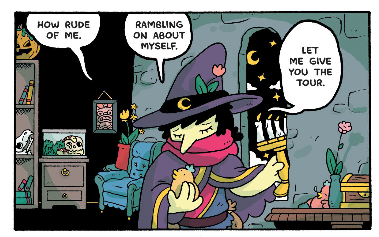 The Wizerd holds a baby bird, saying "How rude of me. Rambling on about myself. Let me give you the tour."