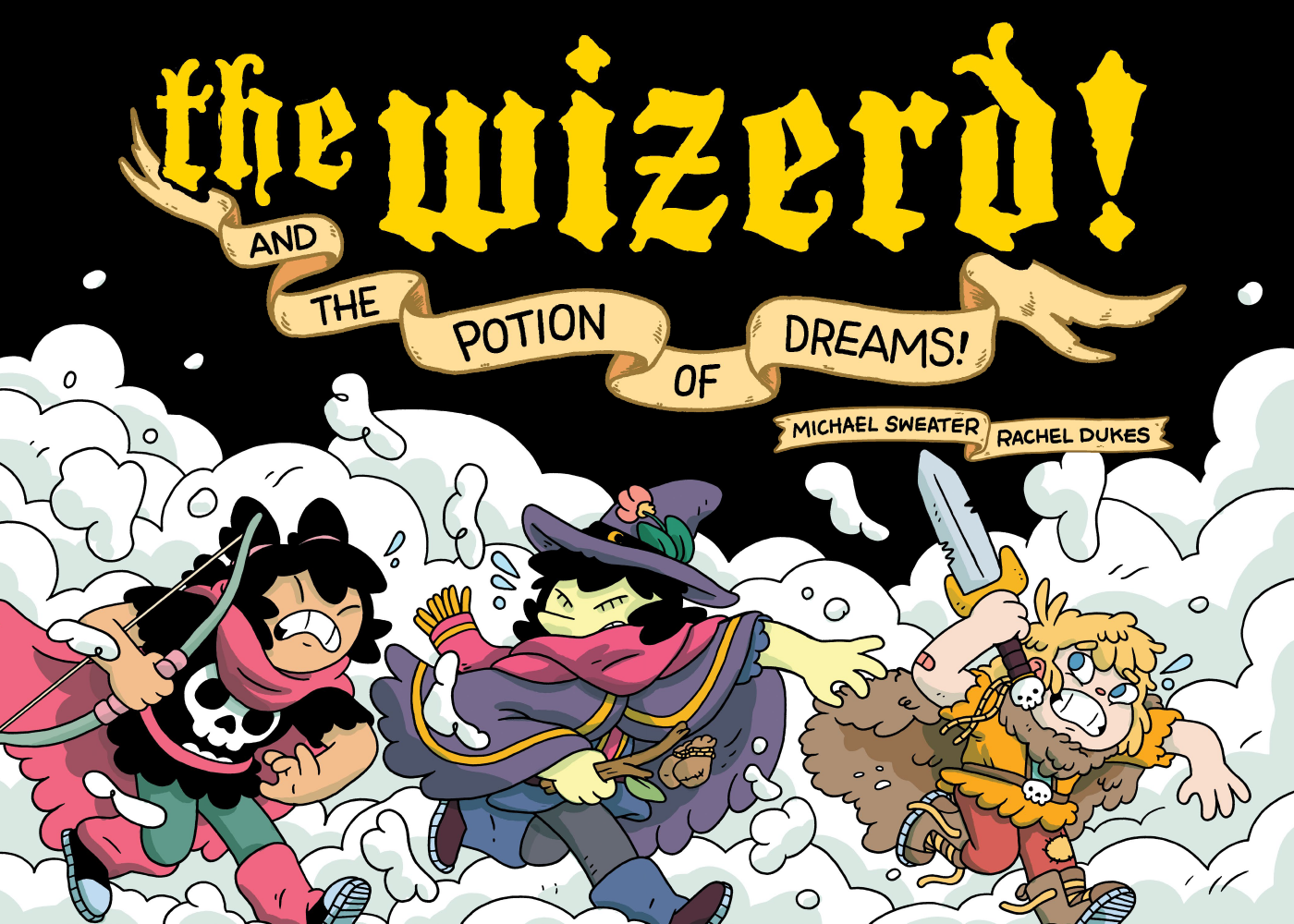 "The Wizerd! and the Potion of Dreams!" is written in fantastical font, with 3 characters (the Archer, the Wizerd, and Wallace).