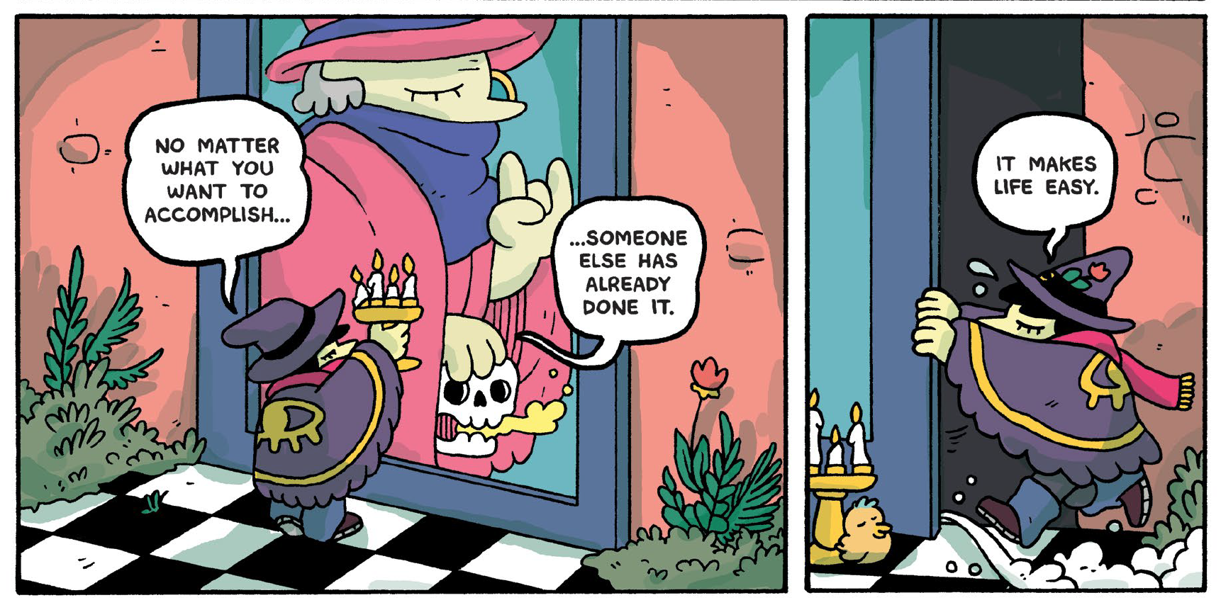Two panels. The Wizerd approaches a large portrait of an older wizerd, saying "No matter what you want to accomplish... someone else has already done it." In the second panel, they push the portrait to reveal a passage behind and say "It makes life easy."