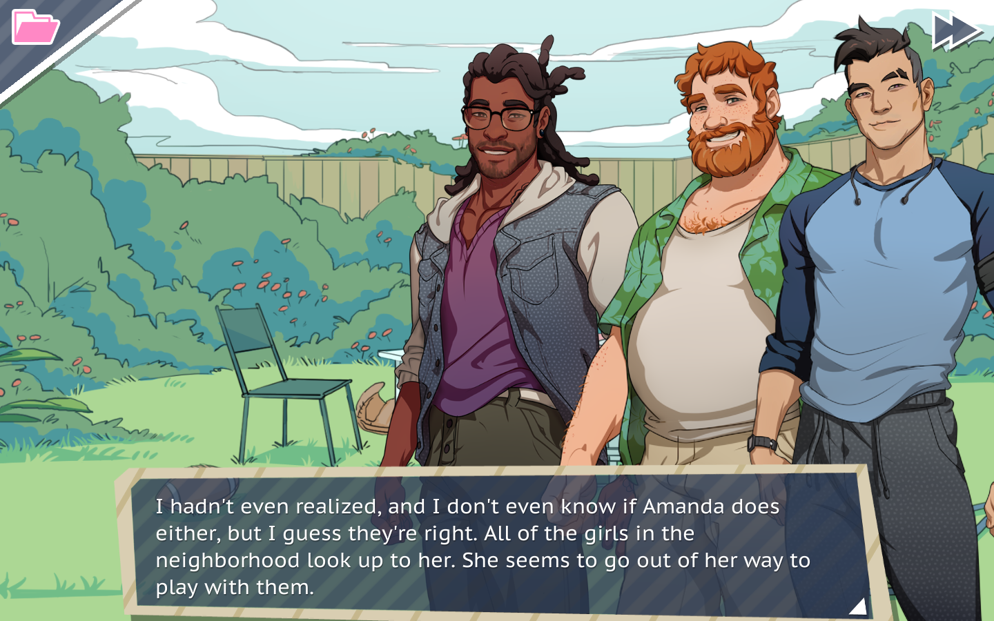 One of the daddies saying, "I hadn't even realized, and I don't even know if Amanda does either, but I guess they're right. All of the girls in the neighborhood look up to her. She seems to go out of her way to play with them."