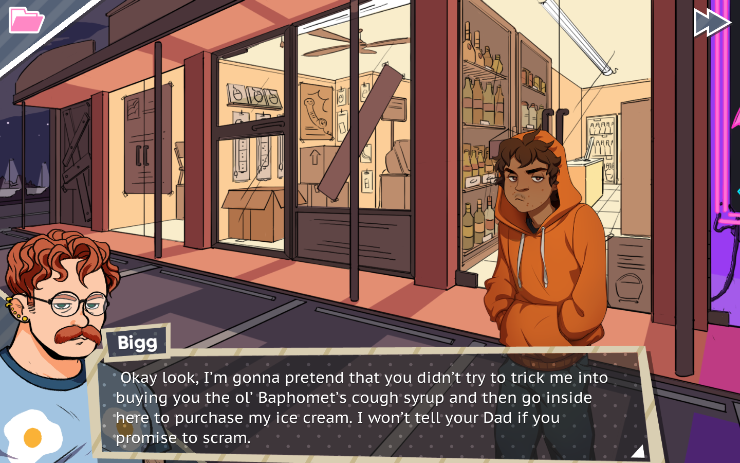 Dadsona saying, "Okay look, I'm gonna pretend that you didn't try to trick me into buying you the ol' Baphomet's cough syrup and then go inside here to purchase my ice cream. I won't tell your Dad if you promise to scram."