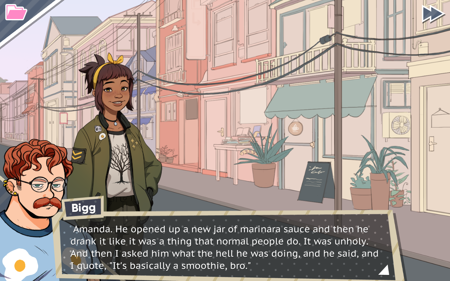 Dadsona is telling Amanda, 'Amanda. He opened up a new jar of marinara sauce and then he drank it like it was a thing that normal people do. It was unholy. And then I asked him what the hell he was doing, and he said, and I quote, "It's basically a smoothie, bro."'