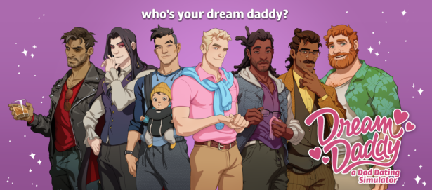 Text reads "who's your dream daddy?" and shows each of the daddies from the Dream Daddy dating game.