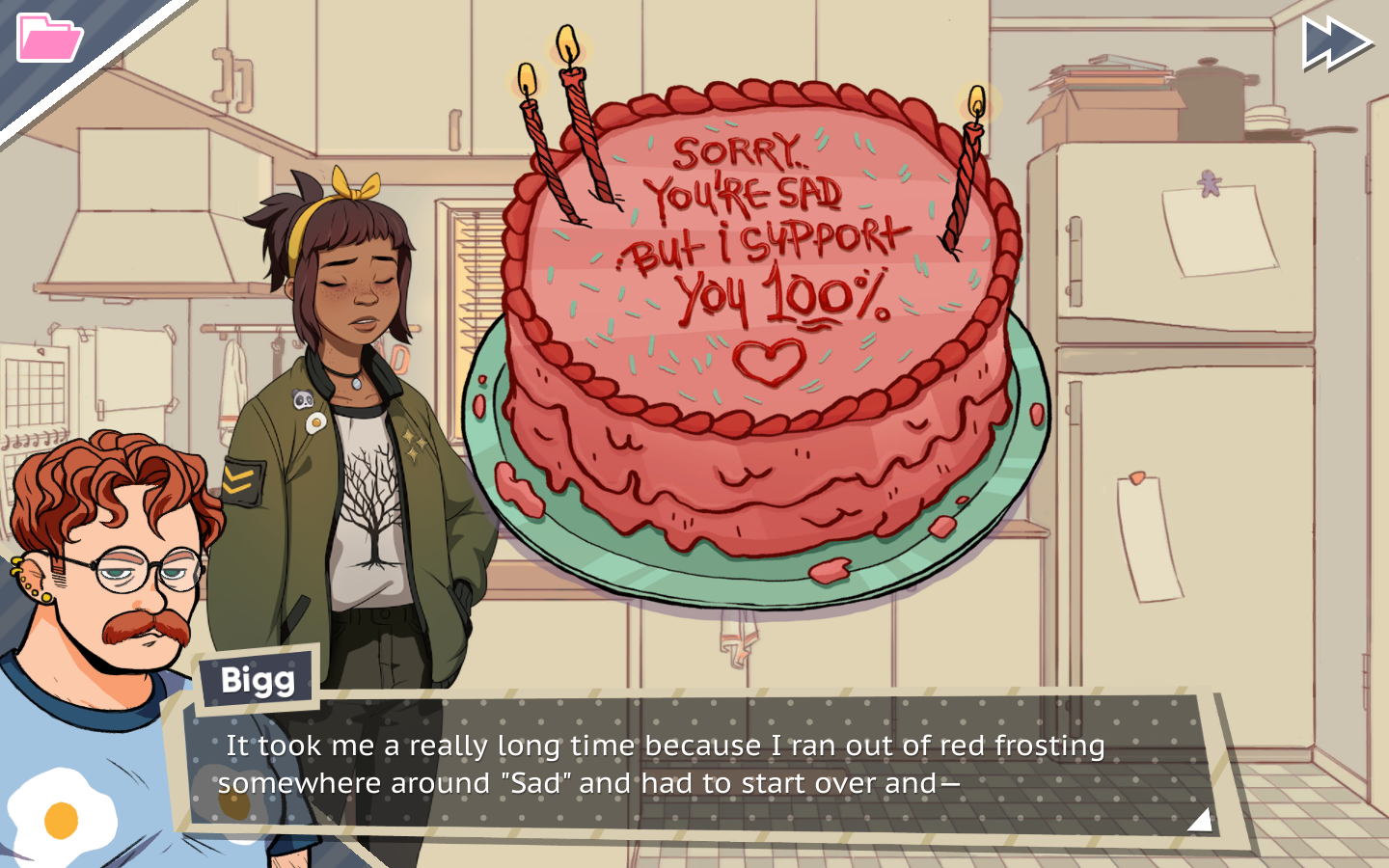 Dadsona saying, "It took me a really long time because I ran out of red frosting somewhere around "Sad" and had to start over and —"