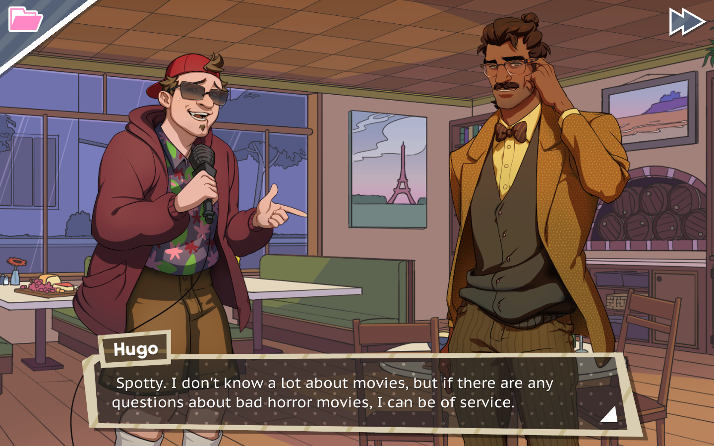 Hugo is telling the trivia night host, "Spotty. I don't know a lot about movies, but if there are any questions about bad horror movies, I can be of service."