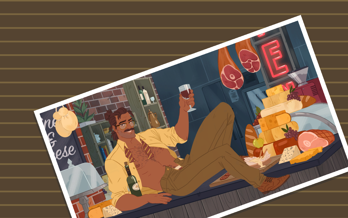 A snapshot of Hugo, shirt open, lounging, surrounded by meats and cheeses, and toasting you with a red glass of wine.