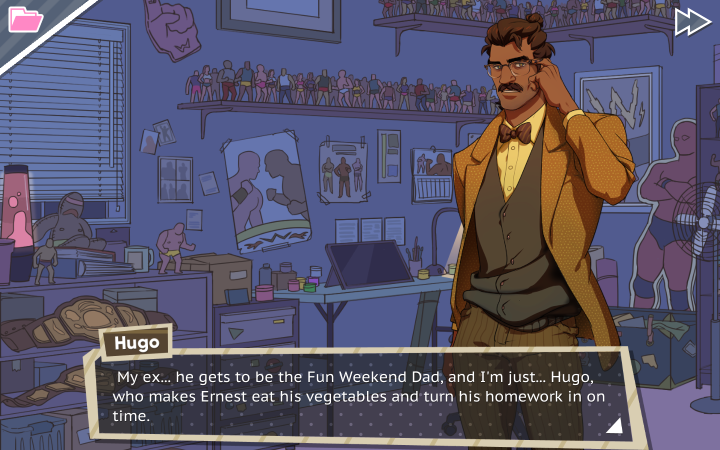 Hugo saying, "My ex... he gets to be the Fun Weekend Dad, and I'm just... Hugo, who makes Ernest eat his vegetables and turn his homework in on time."