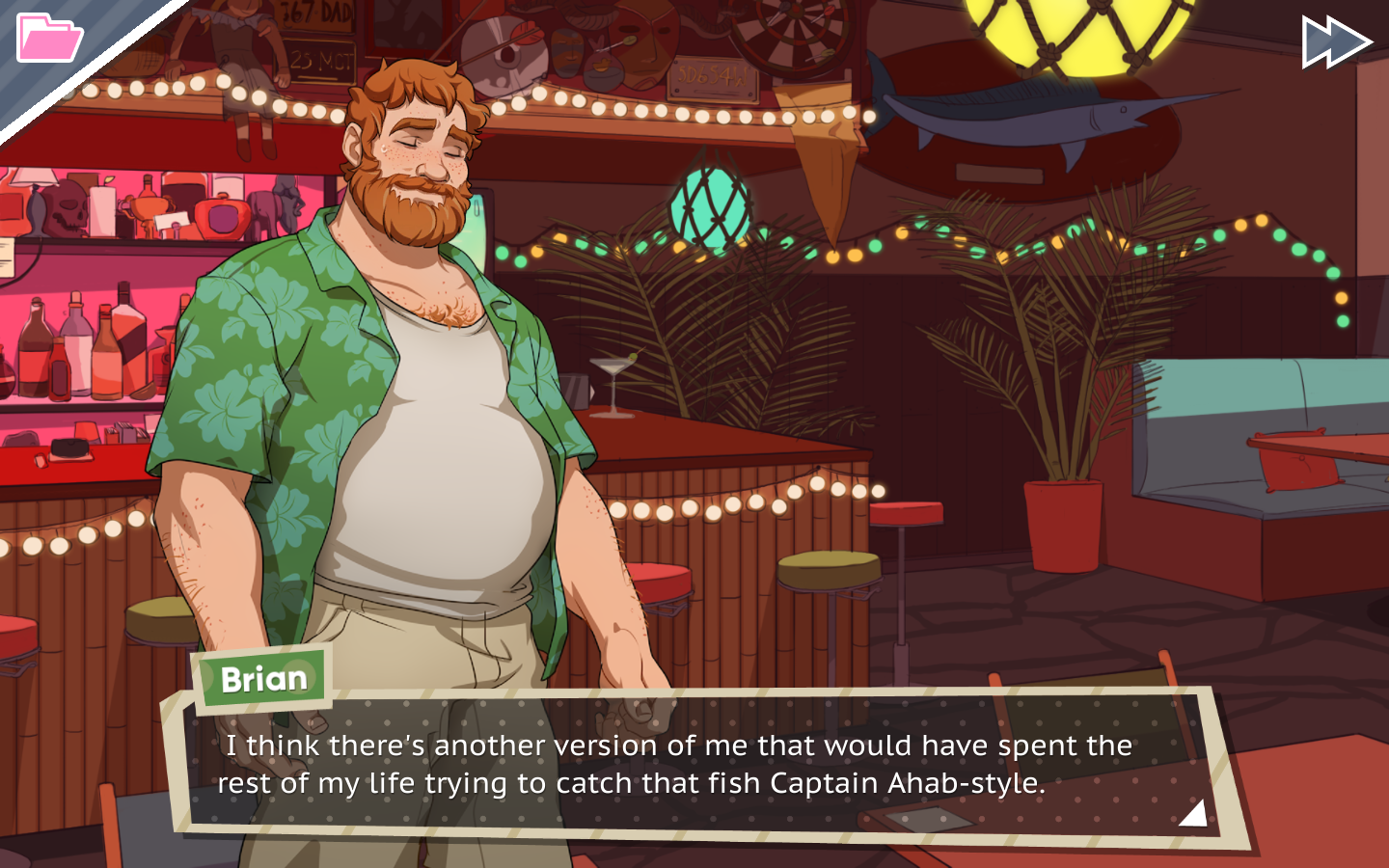 Brian saying, "I think there's another version of me that would have spent the rest of my life trying to catch that fish Captain Ahab-style."