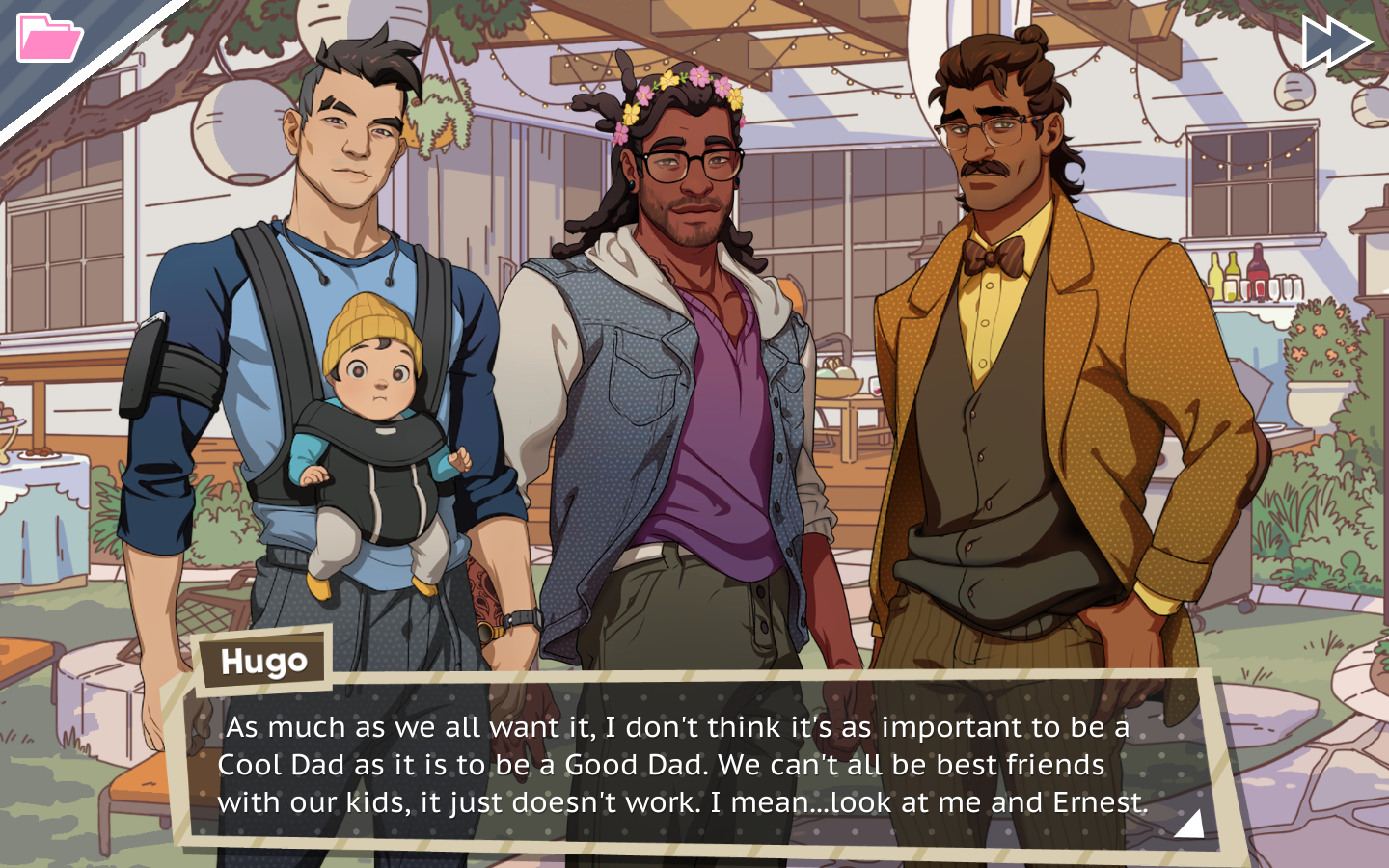 Hugo saying, "As much as we all want it, I don't think it's as important to be a Cool Dad as it is to be a Good Dad. We can't wall be best friends with our kids, it just doesn't work. I mean...look at me and Ernest."