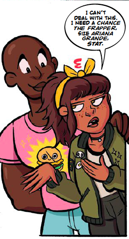 Dadsona with Amanda, and he's wearing a pink shirt with a smiley, sparkly hamburger on it.