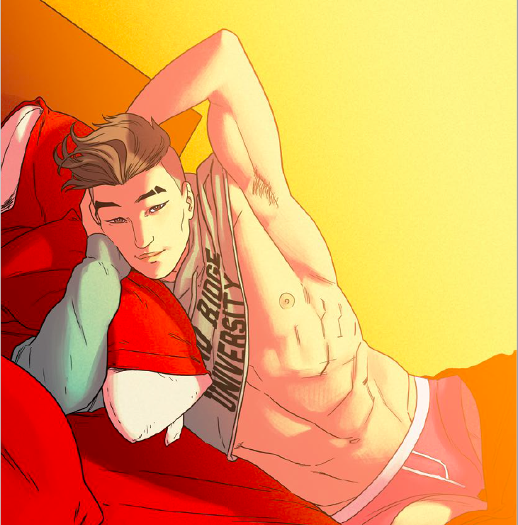 Craig, lounging in his underwear with his university sweater mostly off, looking directly into the camera.