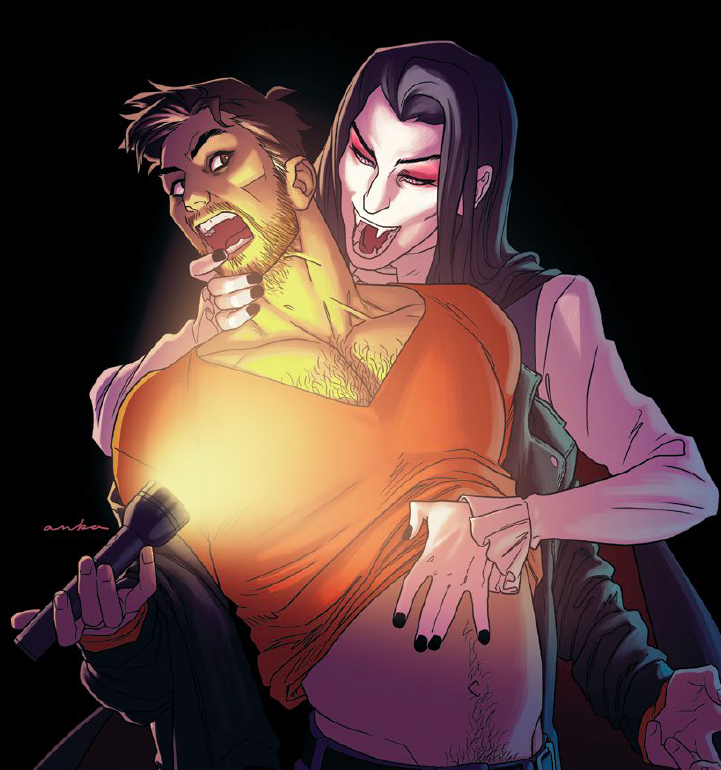 Damien looking like a vampire, coming up from behind Robert like he's going to bite his neck.