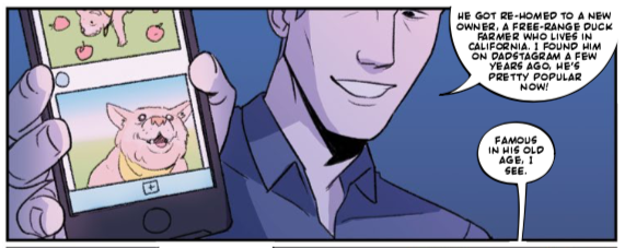 Craig, showing an old dog on his phone: "He got re-homed to a new owner. A free-range duck farmer who lives in California. I found him on Dadstagram a few years ago, he's pretty popular now!"