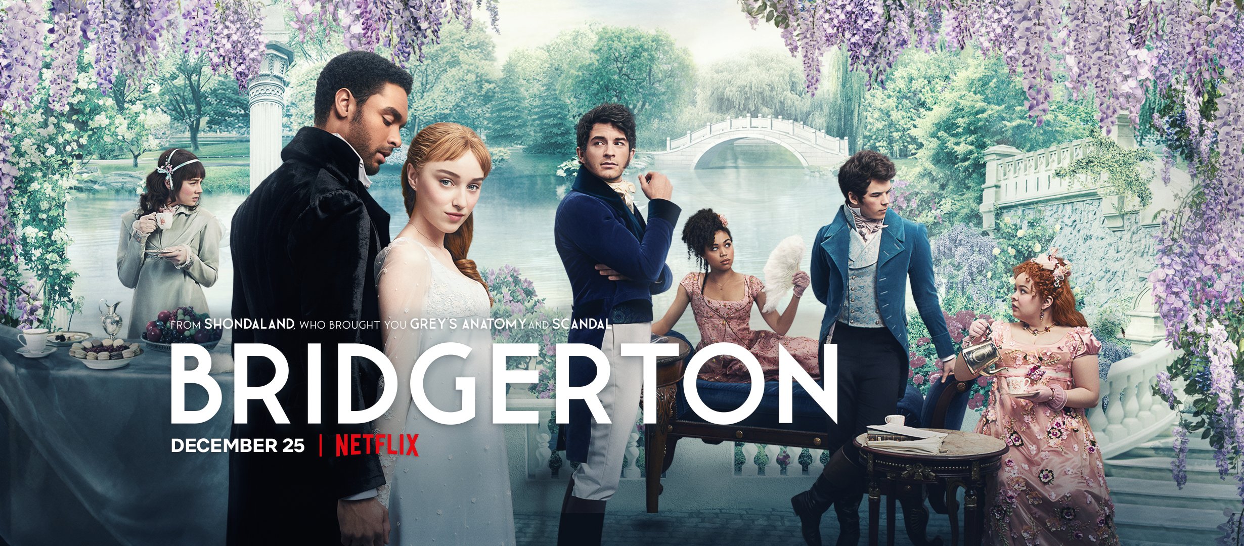 Netflix's Bridgerton promotional image featuring all these hot weirdos lounging around under a floral canopy.