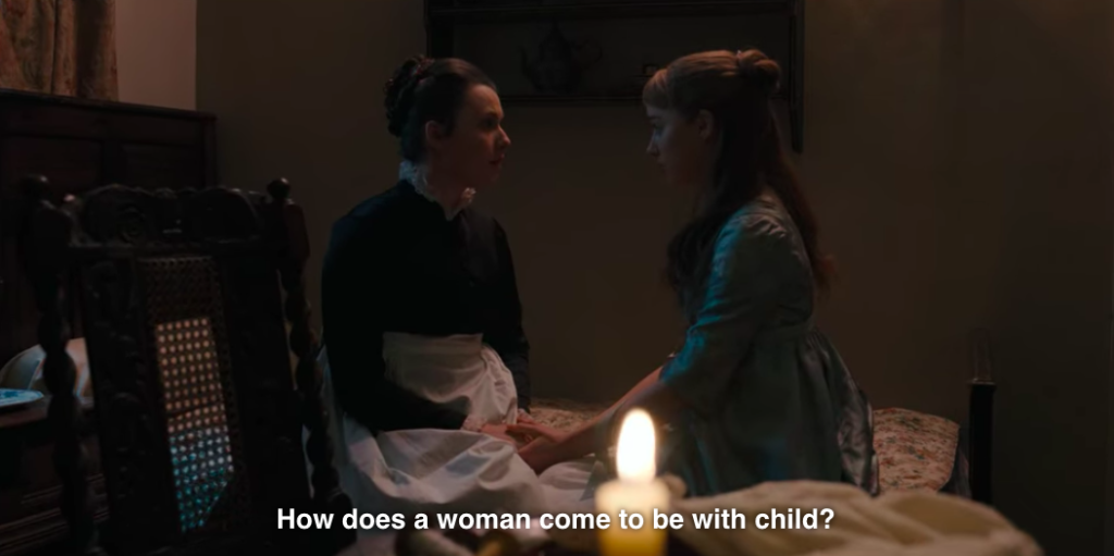 Daphne to her maid, "How does a woman come to be with child?"