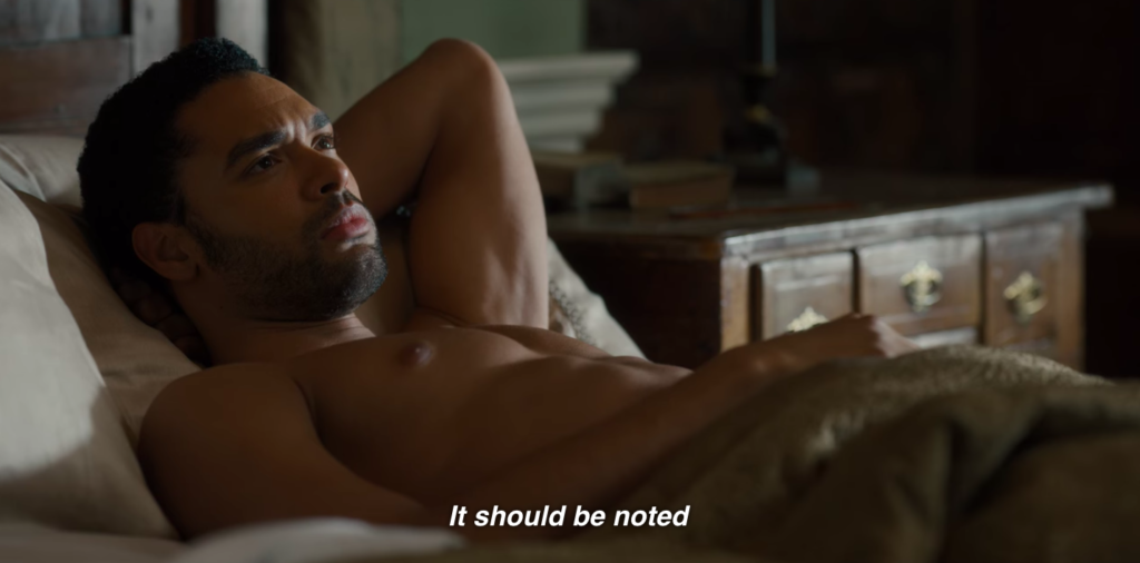 Simon, reclining, shirtless.
Lady Whistledown: "It should be noted..."