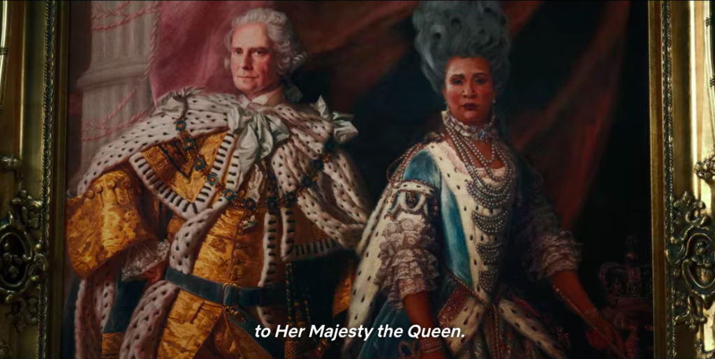A painting of the queen and king.