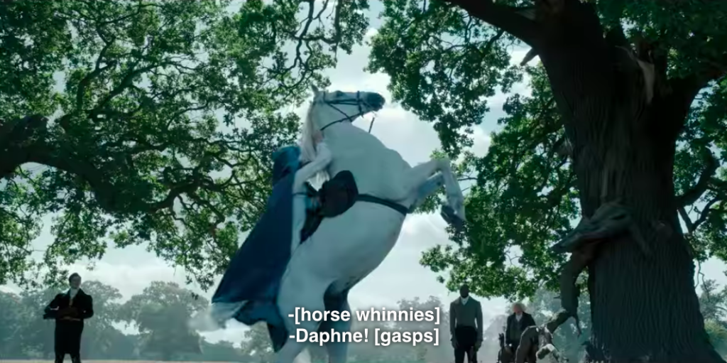Daphne on her horse as it rears up, interrupting the duel.