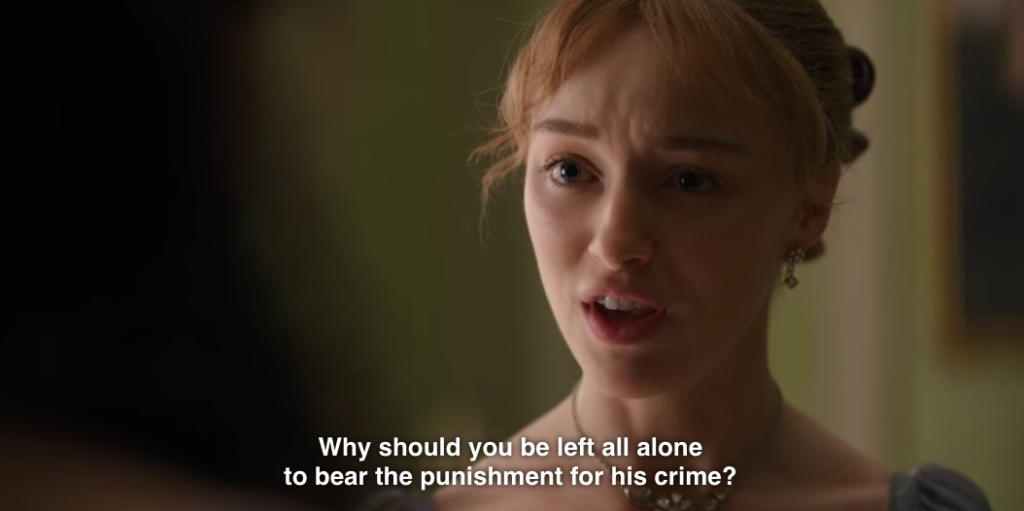 Daphne to Marina, "Why should you be left all alone to bear the punishment for his crime?"