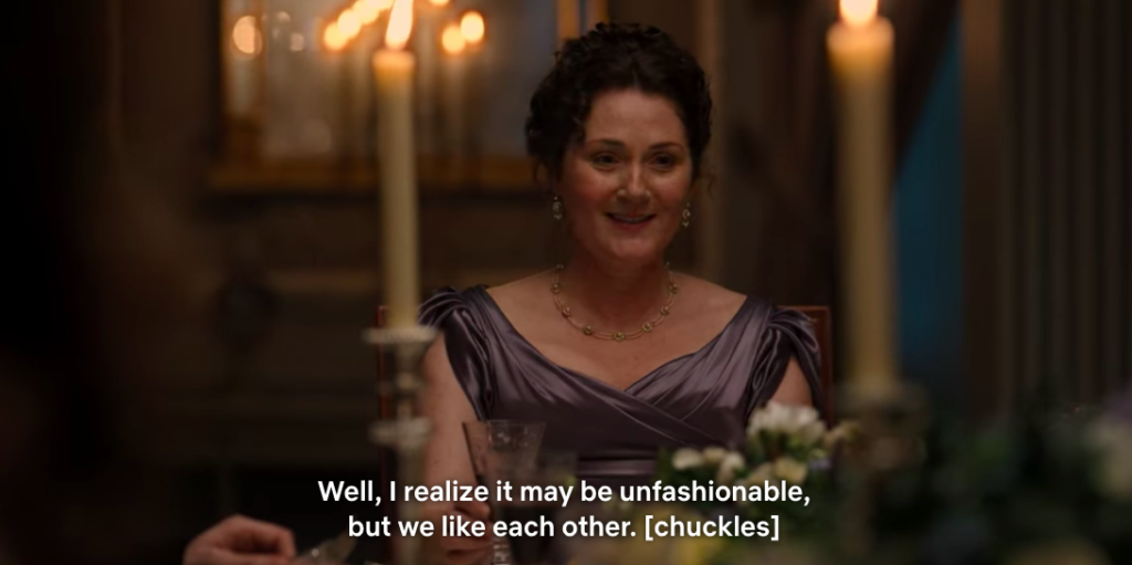 Violet: "Well, I realize it may be unfashionable, but we like each other." She chuckles.