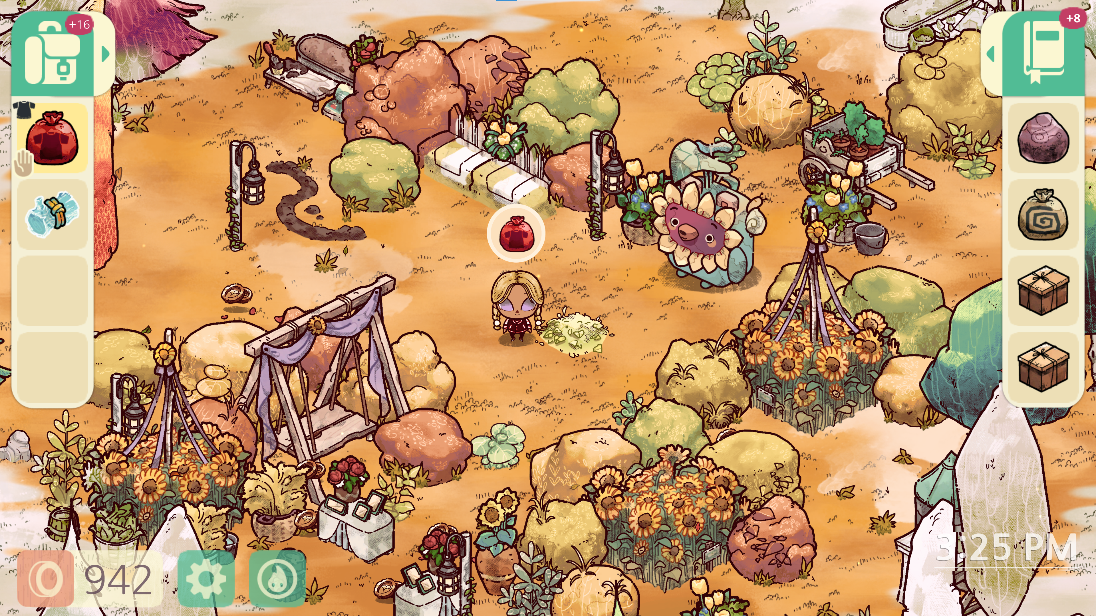 Screenshot from Cozy Grove showing the player's avatar in a field of sunflowers.