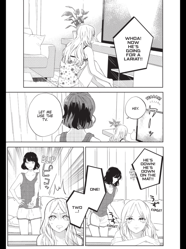 Momoka watches Kuga's wrestling match, and she is like 12 inches from the TV.