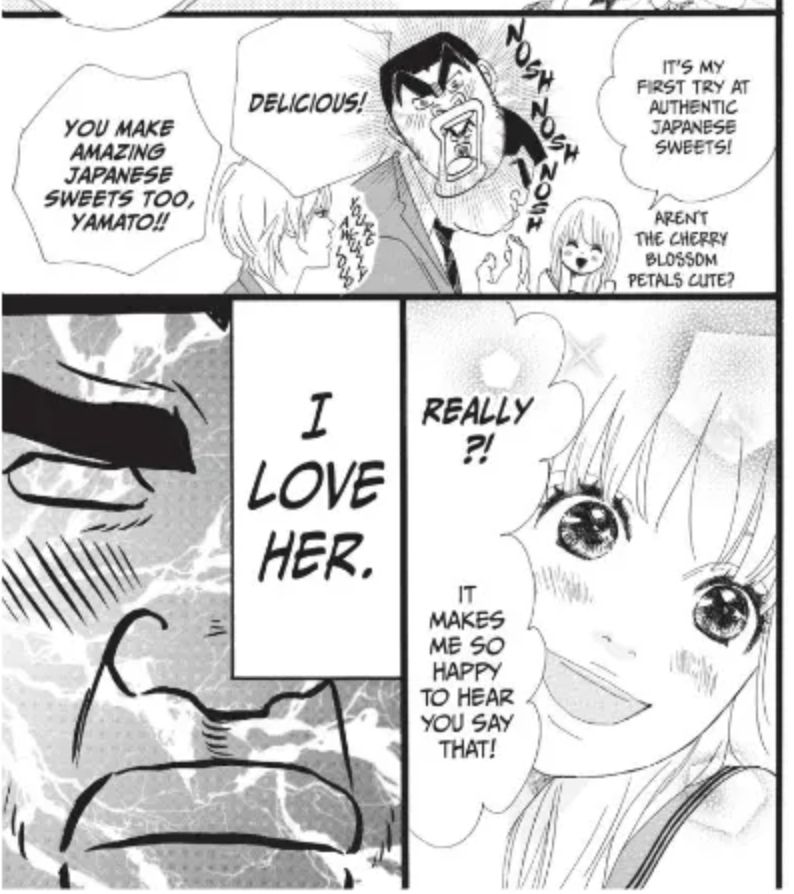 A great page from My Love Story, where the "beast" has an internal moment of "I LOVE HER."