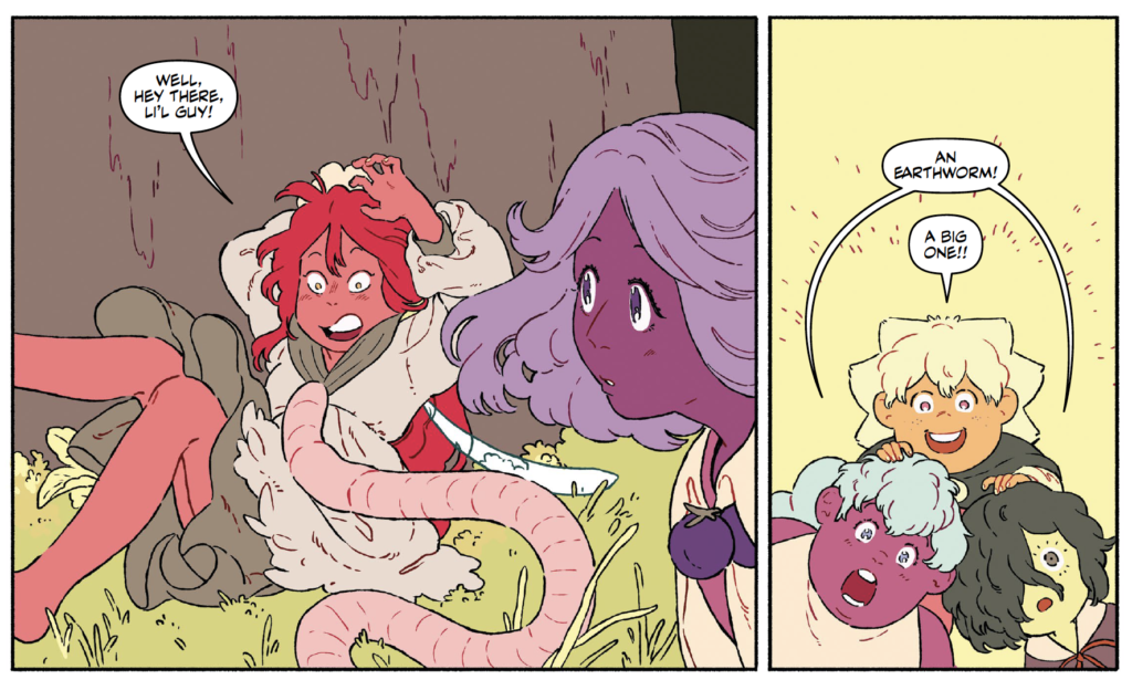 An earthworm appears.
One of the sprites: "Well, hey there, li'l guy!"
The other sprits, in unison: "An earthworm!"