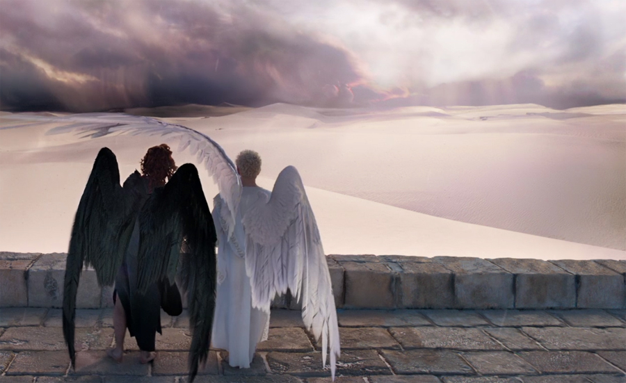 Crowley and Aziraphale with their wings out. 