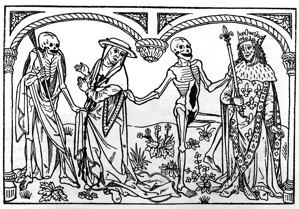 Woodcut showing suspiciously happy skellies greeting two haggard looking kings. 