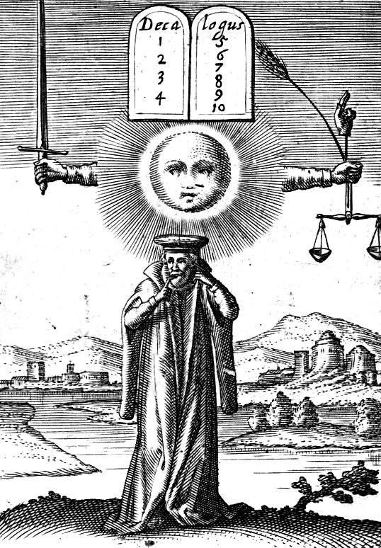 A bashful gentleman poses under a tablet of the 10 Commandments, a sword, the scales of justice, and a celestial body reminiscent of the teletubbies baby sun.
