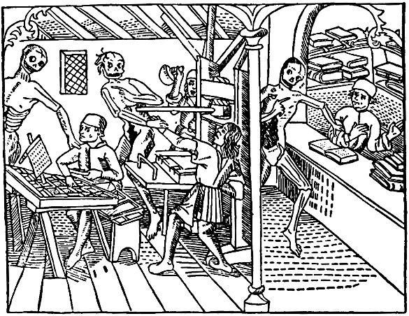 Several skeletons servers at an old timey pub, because this woodcut was probably produced during a plague and history is stuck on repeat!!! don't blame me for being on the nose, it's history's fault!!!!