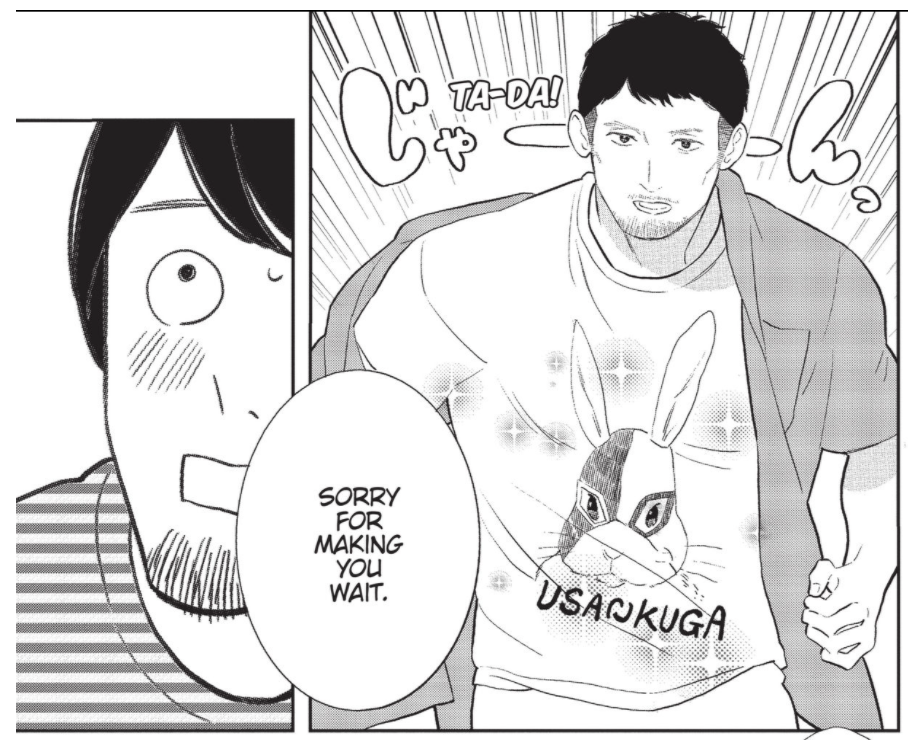 Momoka's dad meets Kuga while wearing his Usaokuga shirt.