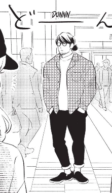 Kuga's date look — glasses, a low bun, plaid button up over a tee shirt, black rolled up pants, slip on sneaks.