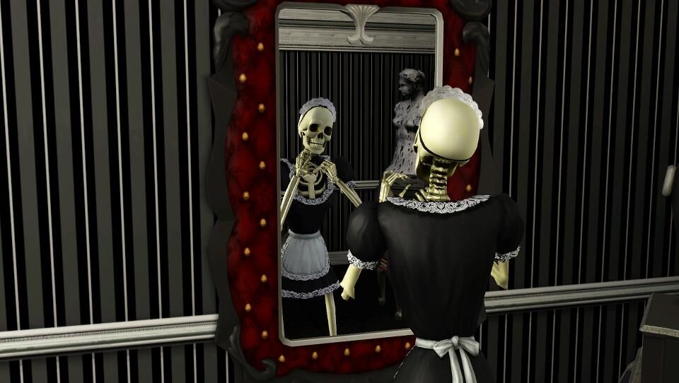 Bonehilda in her full maid uniform looking in a mirror.