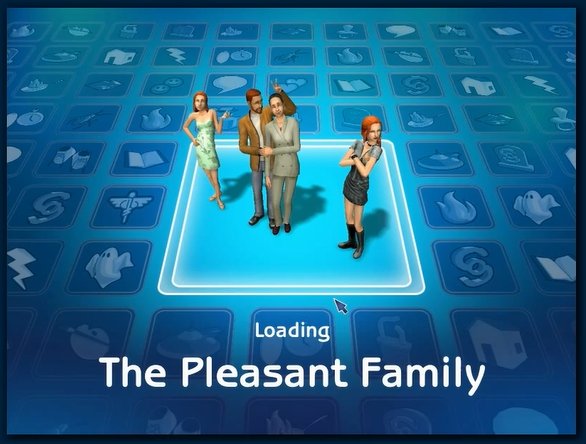 The Pleasant Family, featuring Angela and the Pleasant parents on one side of the image and Lilith folder her arms on the other side.