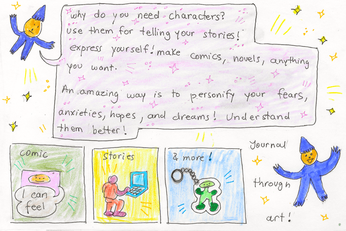 Why do you need characters? Use them for telling your stories! Express yourself! Make comics, novels, anything you want. An amazing way is to personify your fears, anxieties, hopes, and dreams! Understand them better!
Comic, stories, & more! Journal through art!