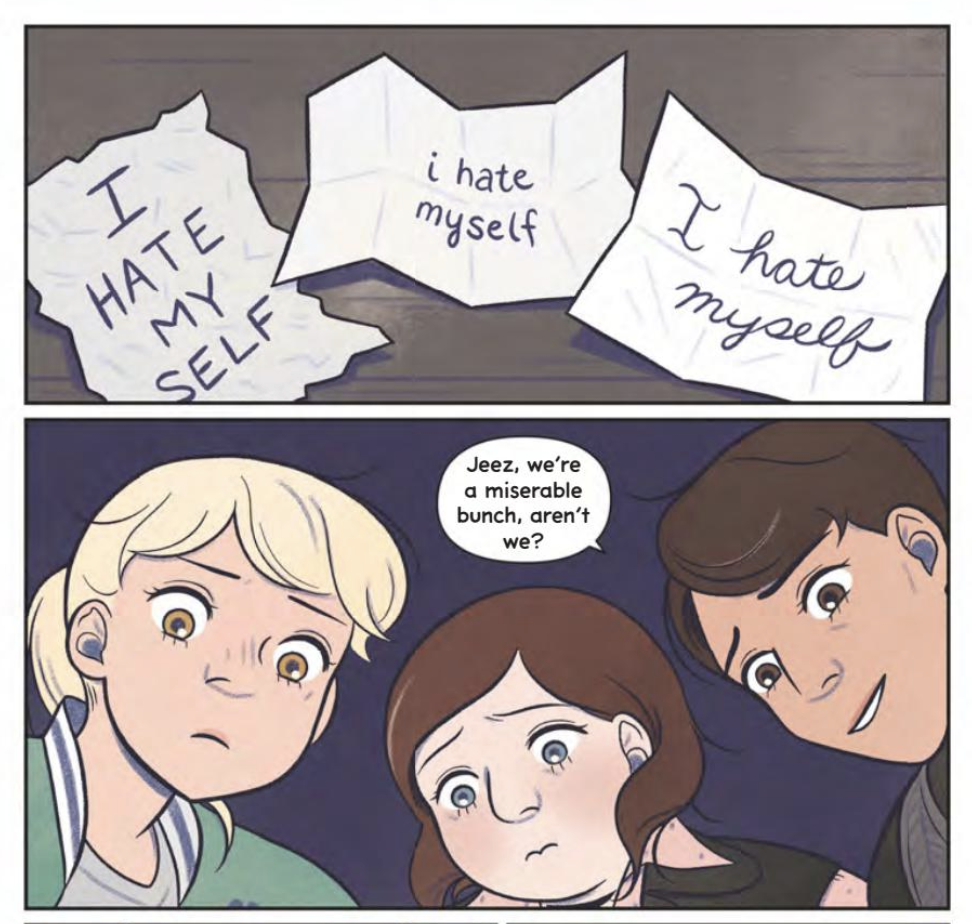 Three pieces of paper, each says "I hate myself" in different handwriting. In the next panel, April, Winifred, and Oscar look down. Oscar says, smiling, "Jeez, we're a miserable bunch, aren't we?"