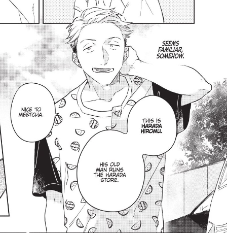 Harada is introduced to Mitsuomi for the first time, and he's wearing a t-shirt covered in watermelons.