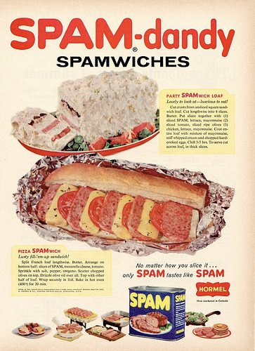 Midcentury ad for "SPAM-dandy Spamwiches" - including another grotesque loaf and a spam sub